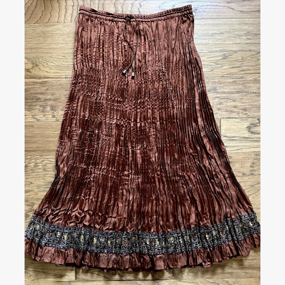 Chadwicks Rust Copper Pleated Maxi Skirt with Embroidered Hem